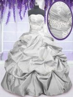 Affordable Pick Ups Strapless Sleeveless Lace Up Quinceanera Dresses Silver Taffeta(SKU PSSW032-23BIZ)