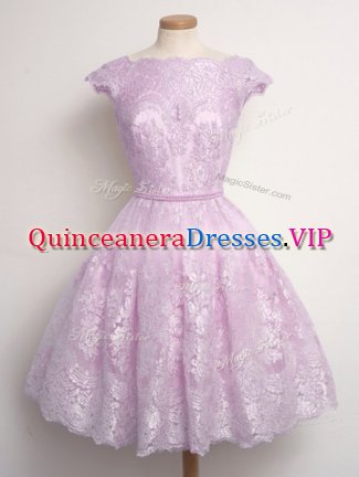 Lilac Damas Dress Prom and Party and Wedding Party with Lace Scalloped Cap Sleeves Lace Up