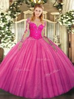 Wonderful Floor Length Hot Pink Quinceanera Gowns Scoop Long Sleeves Lace Up