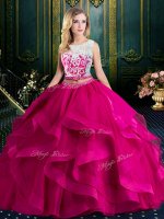 Romantic Scoop Fuchsia Tulle Lace Up Quince Ball Gowns Sleeveless With Brush Train Lace and Ruffles