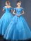 Shining Floor Length Baby Blue Quinceanera Gowns Off The Shoulder Short Sleeves Lace Up