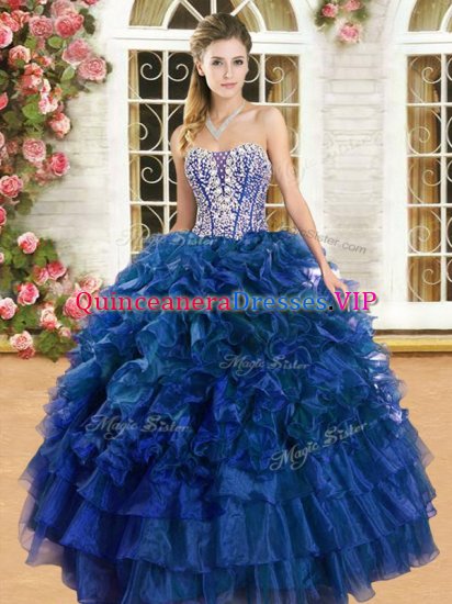 Best Selling Sleeveless Organza Floor Length Lace Up 15th Birthday Dress in Royal Blue with Beading and Ruffles and Ruffled Layers - Click Image to Close
