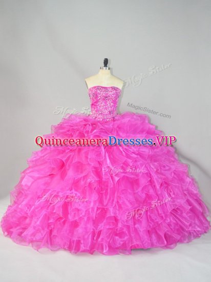 Best Selling Hot Pink Lace Up Strapless Beading and Ruffles Quinceanera Gowns Organza Sleeveless Court Train - Click Image to Close