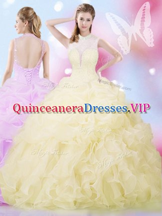 Light Yellow Organza Lace Up High-neck Sleeveless Floor Length Vestidos de Quinceanera Beading and Ruffles and Pick Ups