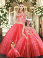 Sleeveless Floor Length Embroidery Lace Up 15th Birthday Dress with Coral Red