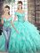 Traditional Aqua Blue Lace Up Off The Shoulder Beading and Ruffles 15 Quinceanera Dress Organza Sleeveless Brush Train