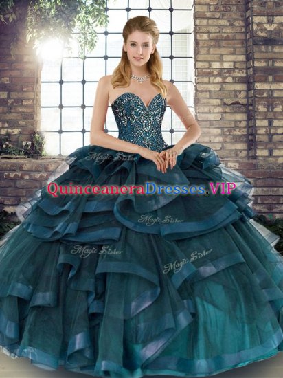 Great Floor Length Ball Gowns Sleeveless Teal 15th Birthday Dress Lace Up - Click Image to Close
