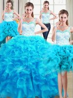 Fine Four Piece Baby Blue Quinceanera Dresses Military Ball and Sweet 16 and Quinceanera with Beading and Ruffles Straps Sleeveless Lace Up(SKU PSSW0526MTDTA2-1BIZ)