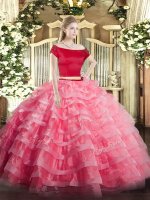 Watermelon Red Two Pieces Tulle Off The Shoulder Short Sleeves Appliques and Ruffled Layers Floor Length Zipper Quinceanera Gowns