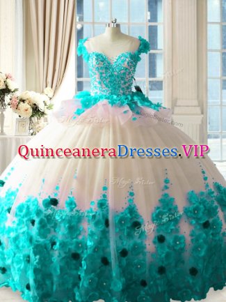 Custom Design Blue And White Sleeveless Hand Made Flower Zipper Vestidos de Quinceanera