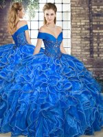Best Selling Sleeveless Floor Length Beading and Ruffles Lace Up Quinceanera Gown with Royal Blue