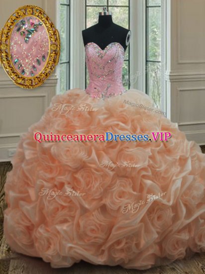 Noble Peach Lace Up Sweetheart Beading and Pick Ups Quinceanera Dresses Organza Sleeveless Sweep Train - Click Image to Close