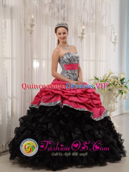 Aque Blue and Black Zebra Ruffles and Sash Safford strapless Quinceanera Dresses With Pick-ups For Graduation in West Warwick Rhode Island/RI - Click Image to Close