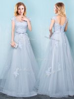 Scoop Floor Length Light Blue Dama Dress Tulle Cap Sleeves Appliques and Belt