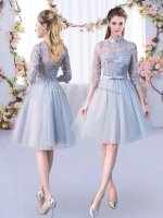 Grey High-neck Neckline Lace and Belt Court Dresses for Sweet 16 Half Sleeves Lace Up(SKU BMT0411DBIZ)