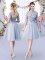 Grey High-neck Neckline Lace and Belt Court Dresses for Sweet 16 Half Sleeves Lace Up