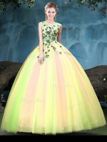Multi-color Tulle Lace Up Quinceanera Gowns Sleeveless Floor Length Appliques(SKU YCQD0164-1BIZ)
