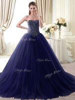 Sleeveless Tulle Floor Length Lace Up Quinceanera Gowns in Navy Blue with Beading