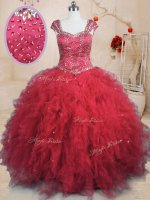 Wonderful Tulle Square Cap Sleeves Lace Up Beading and Ruffles Quince Ball Gowns in Red(SKU PSSW0207-5BIZ)