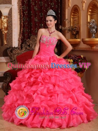 Palisades California Exquisite Watermelon Red Ruffles Appliques With Beading Ruching Bodice Ball Gown Quinceanera Dress For