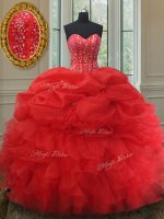 Red Organza Lace Up Quince Ball Gowns Sleeveless Beading and Ruffles and Pick Ups