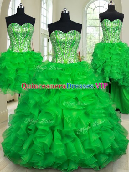 Fantastic Four Piece Green Sleeveless Organza Lace Up Vestidos de Quinceanera for Military Ball and Sweet 16 and Quinceanera - Click Image to Close