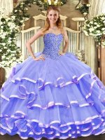 Lavender Lace Up Quinceanera Gown Beading and Ruffled Layers Sleeveless Floor Length