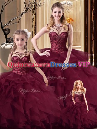 Sleeveless Brush Train Beading and Ruffles Lace Up Quinceanera Dress