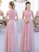Pink Dama Dress Wedding Party with Lace High-neck Sleeveless Zipper