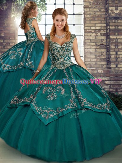 Sleeveless Floor Length Beading and Embroidery Lace Up Sweet 16 Dress with Teal - Click Image to Close