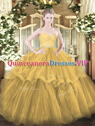 Gold Sweetheart Zipper Beading and Lace and Ruffled Layers Sweet 16 Quinceanera Dress Brush Train Sleeveless