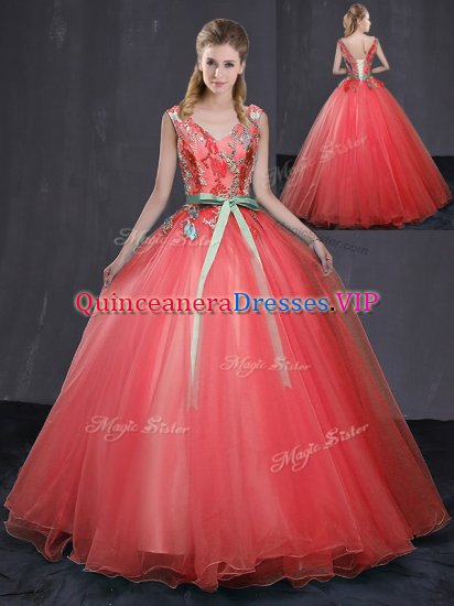 Chic Coral Red Tulle Lace Up 15th Birthday Dress Sleeveless Floor Length Appliques and Belt - Click Image to Close