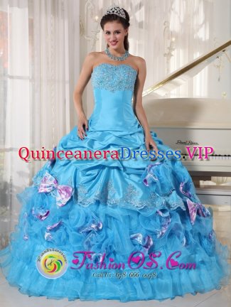 Rosendale NY Appliques Decorate Bust Strapless Romantic Aqua Quinceanera Dress With Pick-ups and Bowknot Ball Gown