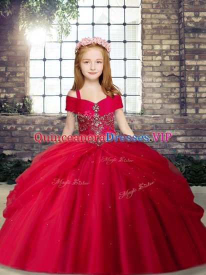 Beading Little Girls Pageant Gowns Red Lace Up Sleeveless Floor Length - Click Image to Close