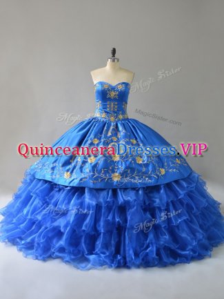 Best Selling Royal Blue Satin Lace Up Quinceanera Gowns Sleeveless Floor Length Embroidery and Ruffles
