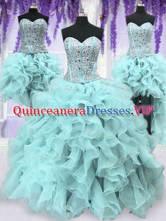 Four Piece Light Blue Sleeveless Floor Length Ruffles and Sequins Lace Up Sweet 16 Dresses