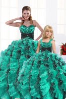 Floor Length Lace Up 15 Quinceanera Dress Turquoise for Military Ball and Sweet 16 and Quinceanera with Beading and Appliques and Ruffles