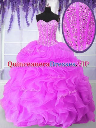 Lovely Hot Pink Ball Gowns Organza Sweetheart Sleeveless Ruffles and Sequins Floor Length Lace Up Quinceanera Gowns