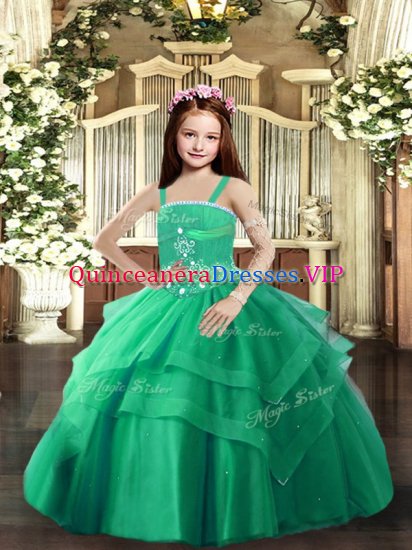 Turquoise Tulle Lace Up Straps Sleeveless Floor Length Girls Pageant Dresses Beading and Ruffled Layers - Click Image to Close