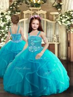 Dramatic Baby Blue Kids Pageant Dress Party and Wedding Party with Beading and Ruffles Straps Sleeveless Lace Up
