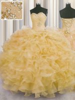 Gold Organza Lace Up Sweetheart Sleeveless Floor Length 15th Birthday Dress Beading and Ruffles