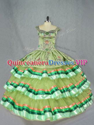 Olive Green Lace Up Straps Embroidery and Ruffled Layers Quinceanera Dresses Organza Sleeveless