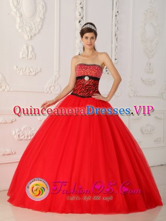 A-line Quinceaners Dress With Beaded Decorate Bust Red and black Strapless in Lahr