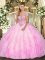 Discount Strapless Sleeveless Sweet 16 Dress Floor Length Appliques and Ruffles Rose Pink Tulle