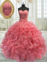 Deluxe Floor Length Watermelon Red Quinceanera Dresses Organza Sleeveless Beading and Ruffles