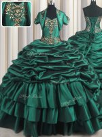 Classical Sweetheart Sleeveless Quinceanera Dresses With Brush Train Beading and Appliques and Pick Ups Peacock Green Taffeta