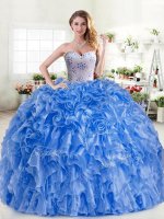 Custom Design Blue Ball Gowns Beading and Ruffles Quinceanera Dresses Lace Up Organza Sleeveless Floor Length