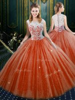 Sleeveless Tulle Floor Length Zipper Quinceanera Dresses in Orange Red with Lace