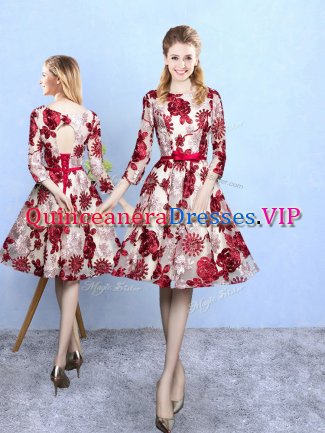 Stylish Printed Scoop 3 4 Length Sleeve Lace Up Pattern Dama Dress for Quinceanera in Multi-color