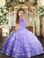 Beautiful Lavender Sleeveless Organza Backless Little Girl Pageant Gowns for Party and Sweet 16 and Wedding Party